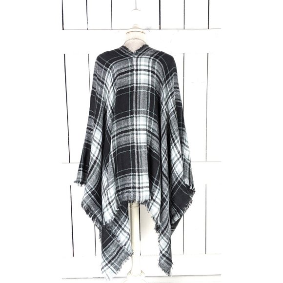 Black white plaid checker fringe blanket kimono cover up cardigan jacket one siz - Picture 6 of 6